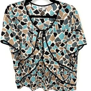 Dressbarn Women Size 14/16 Geometric Print Black Teal Brown Short Sleeve Blouse